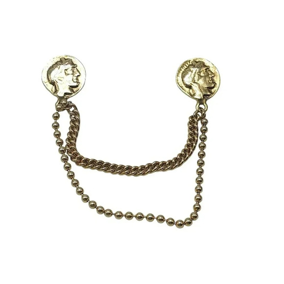 Vintage 1960s Costume Greek Coin Sweater Clip in Gold Tone Metal Cleopatra Pin - Picture 1 of 5